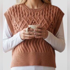 PURE/US Cozy Women’s Light Rust Sleeveless Crew Neck Chunky Cable Knit Sweater